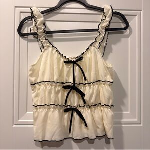 Sugarlips Cream Ruffle Blouse with Black Trim